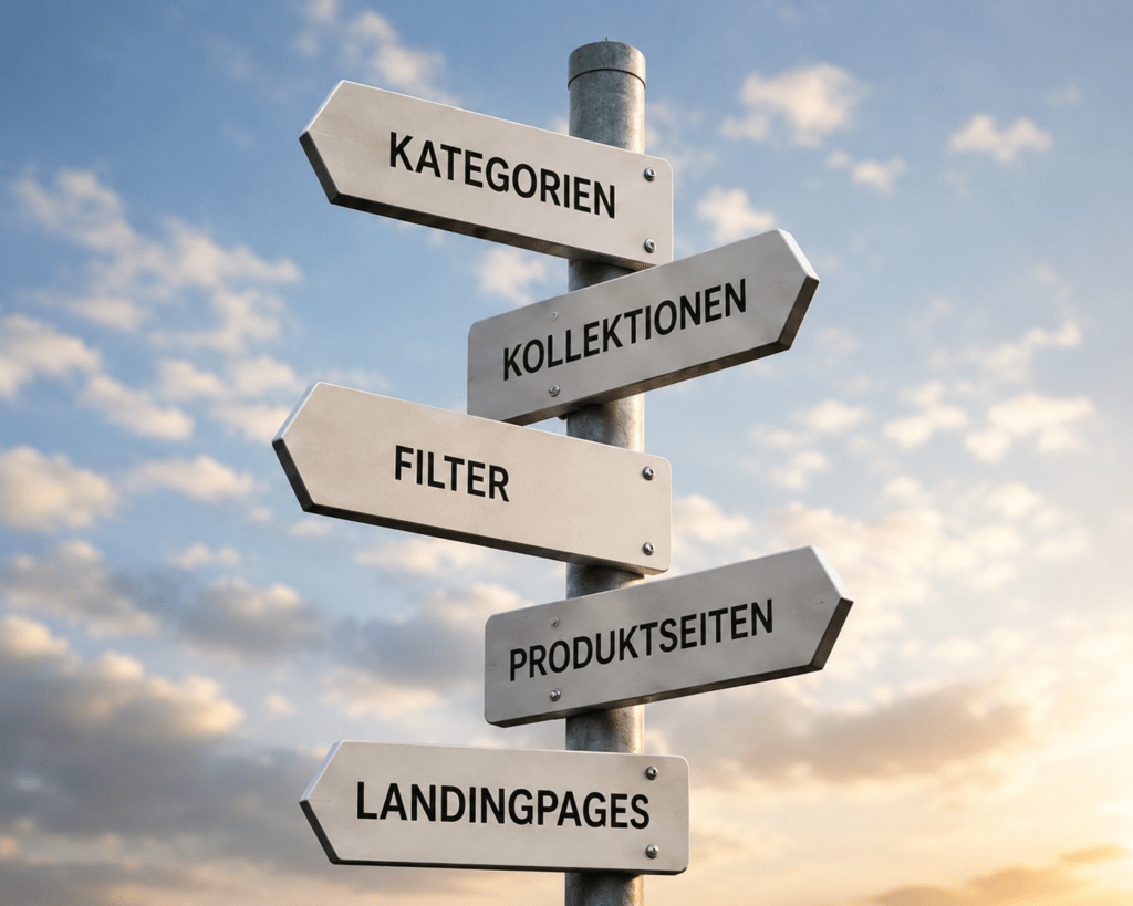 Der Wegweiser symbolisiert die zunehmende Komplexität von Shopify-Shops durch zusätzliche Kategorien, Kollektionen, Landingpages und Filterstrukturen.